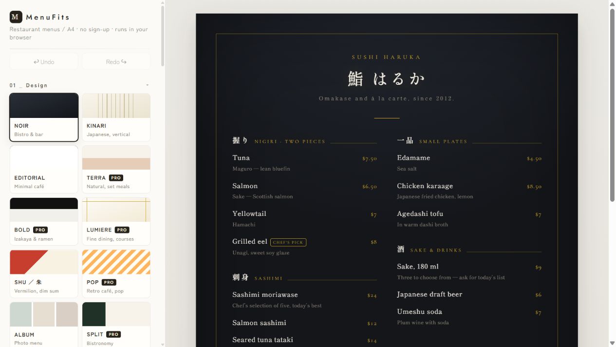 MenuFits English editor showing a sample restaurant menu