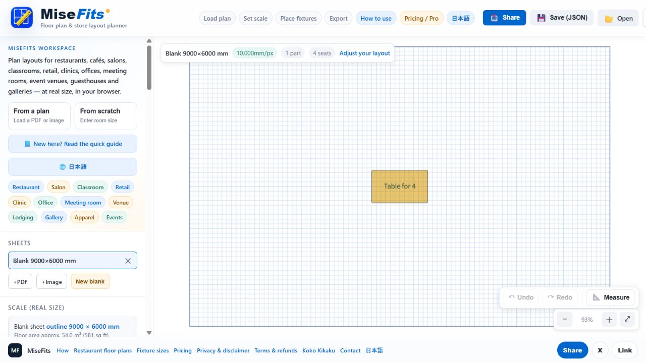 MiseFits English floor-plan editor with a sample room and table